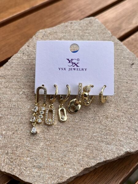 YSX Jewelry Altın Taşlı Ataç Altılı Küpe Seti
