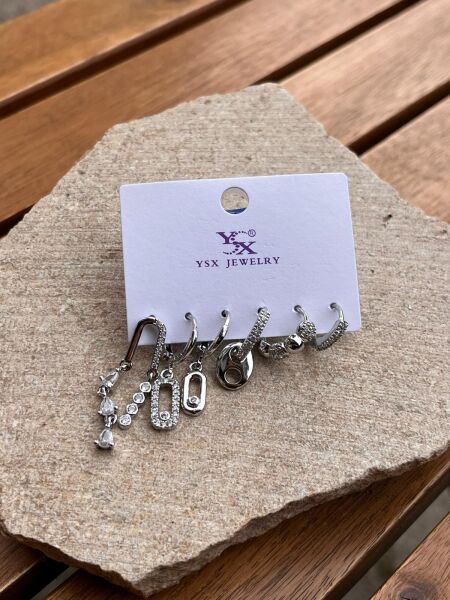 YSX Jewelry Gümüş Taşlı Ataç Altılı Küpe Seti
