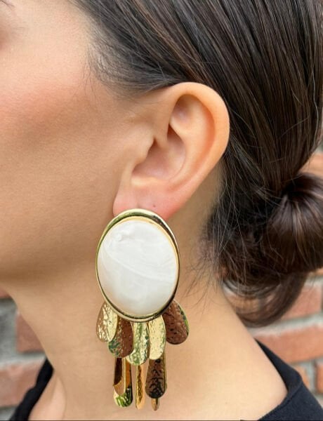 Taşlı Beyaz Büyük Küpe