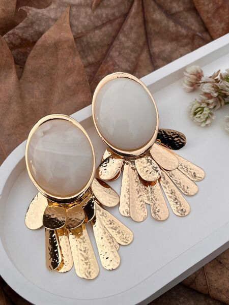 Taşlı Beyaz Büyük Küpe