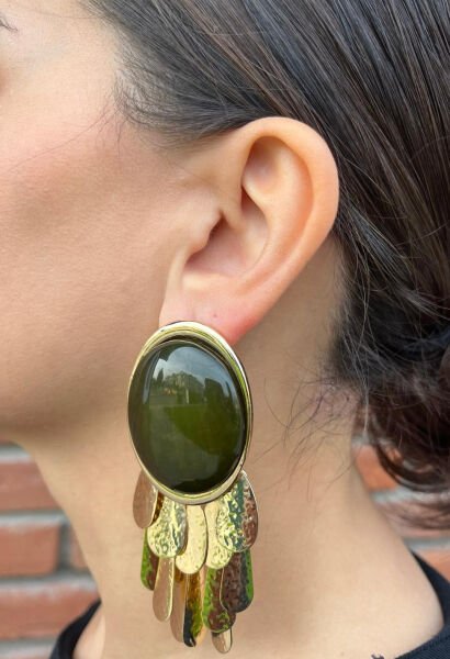 Green and White Large Earrings