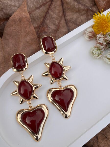 Burgundy Heart-Shaped Spiked Dangle Earrings