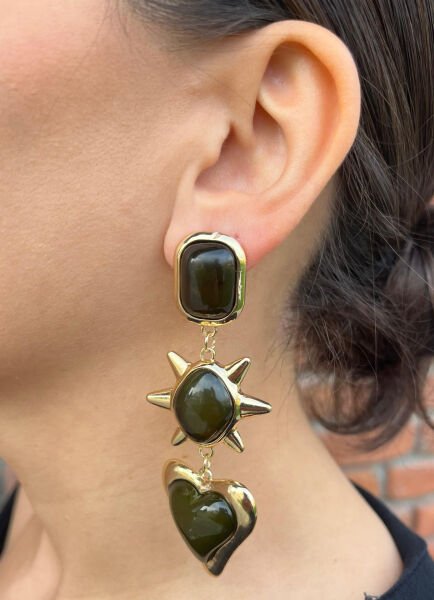 Yeşil Kalpli Dikenli Sarkıt Küpe