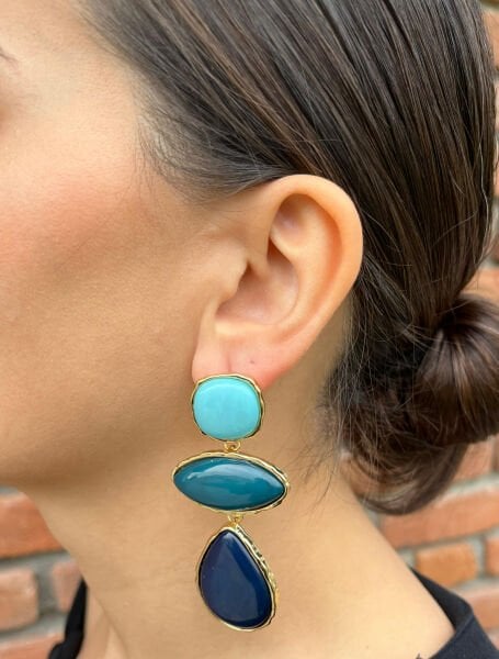 Üç Taşlı Sarkıt Mavi Küpe