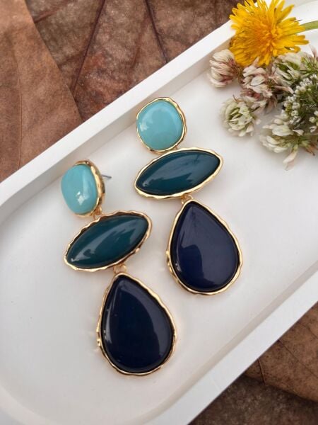 Üç Taşlı Sarkıt Mavi Küpe