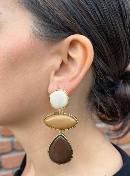 Üç Taşlı Sarkıt Kahverengi Küpe