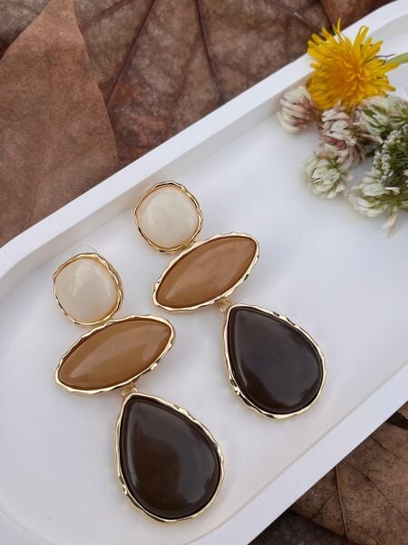 Üç Taşlı Sarkıt Kahverengi Küpe