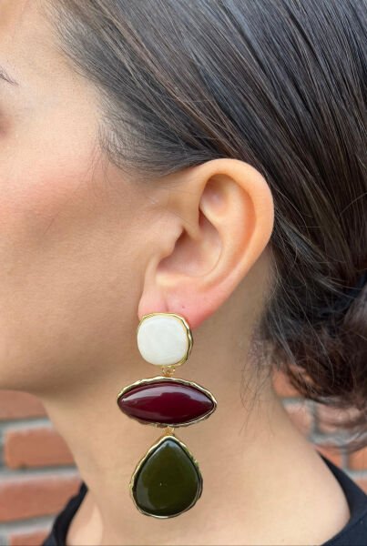 Üç Taşlı Sarkıt Renkli Küpe