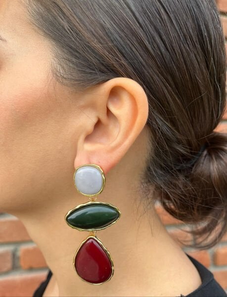 Üç Taşlı Renkli Sarkıt Küpe