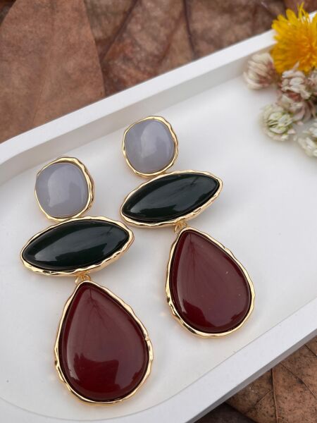 Üç Taşlı Renkli Sarkıt Küpe