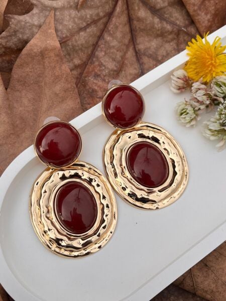 Bordo Taşlı Madalyon Küpe