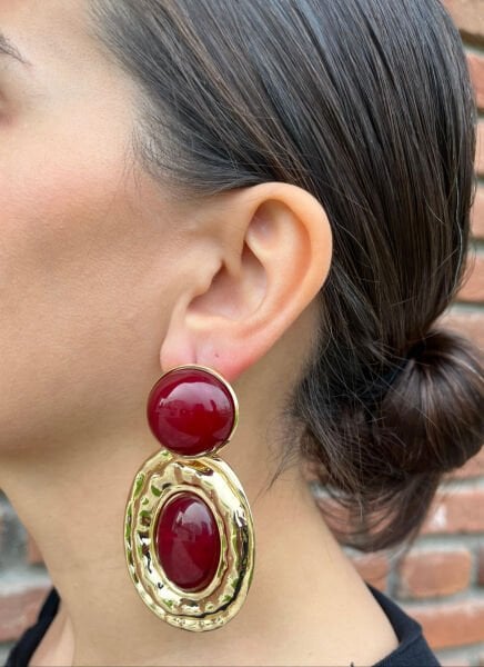 Bordo Taşlı Madalyon Küpe