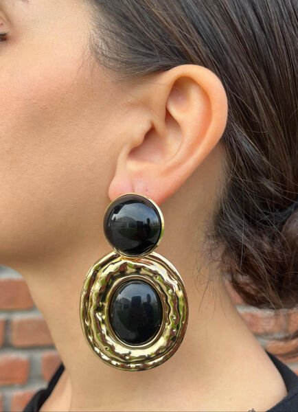 Siyah Taşlı Madalyon Küpe