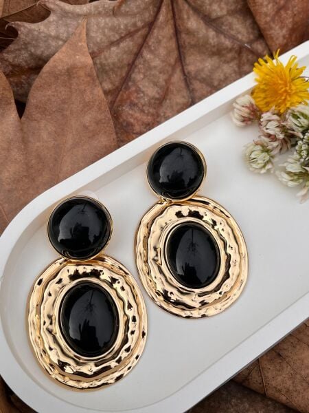 Siyah Taşlı Madalyon Küpe