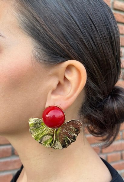 Bordo Taşlı Altın Yaprak Küpe