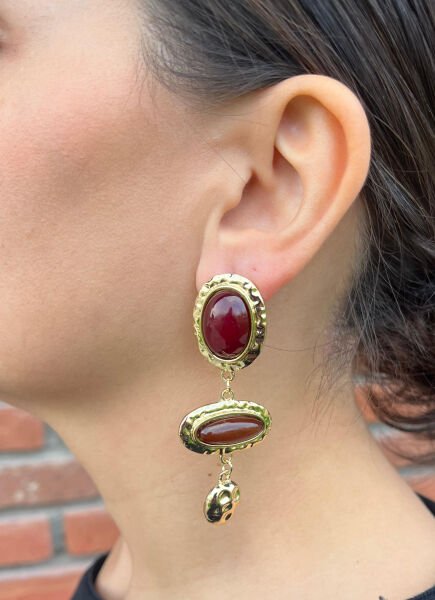 Bordo Kahve Taşlı Sarkıt Küpe