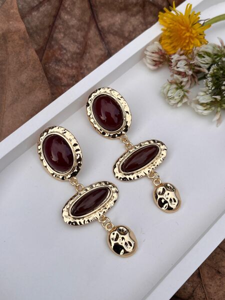 Bordo Kahve Taşlı Sarkıt Küpe